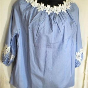 women's Bedford Fair blue & white striped blouse size M elastic neckline trim